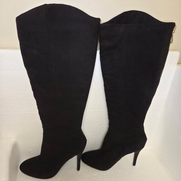 Forever 21 Women’s Black Faux Suede Knee High Stiletto Heel Gold Zip Boots - 9 - Picture 2 of 12